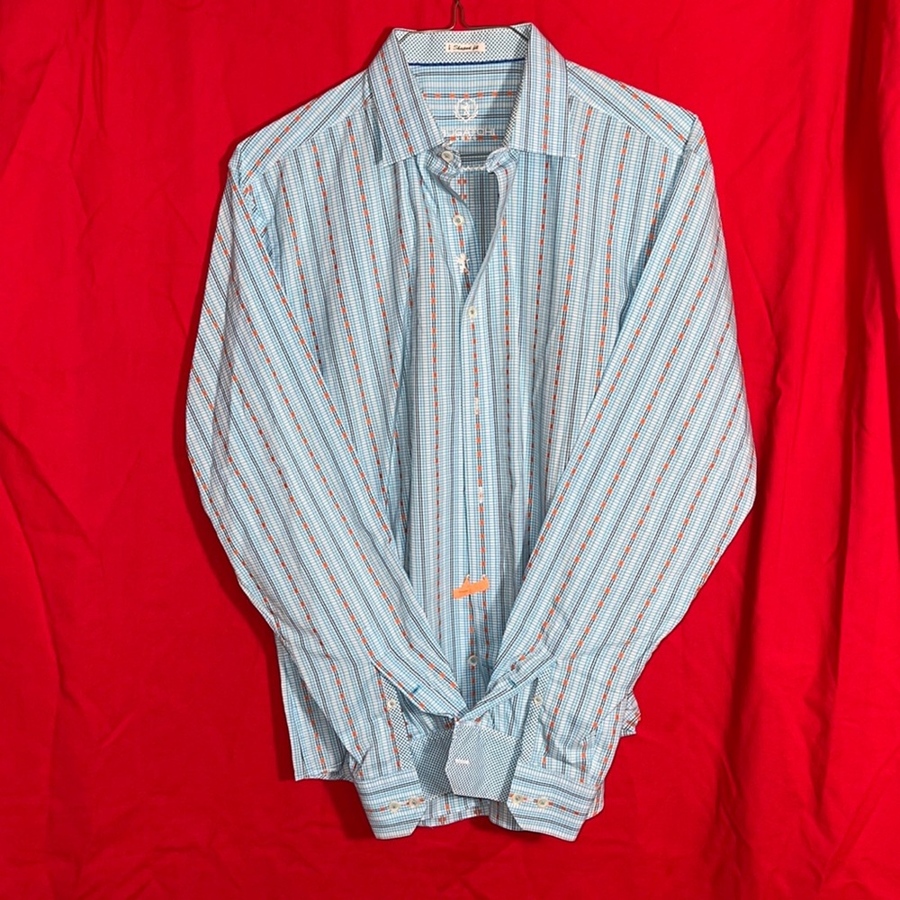 BUGATCHI UOMO Men’s Standard Fit Blue Stripe Flip Cuffs Cotton shirt sz LG